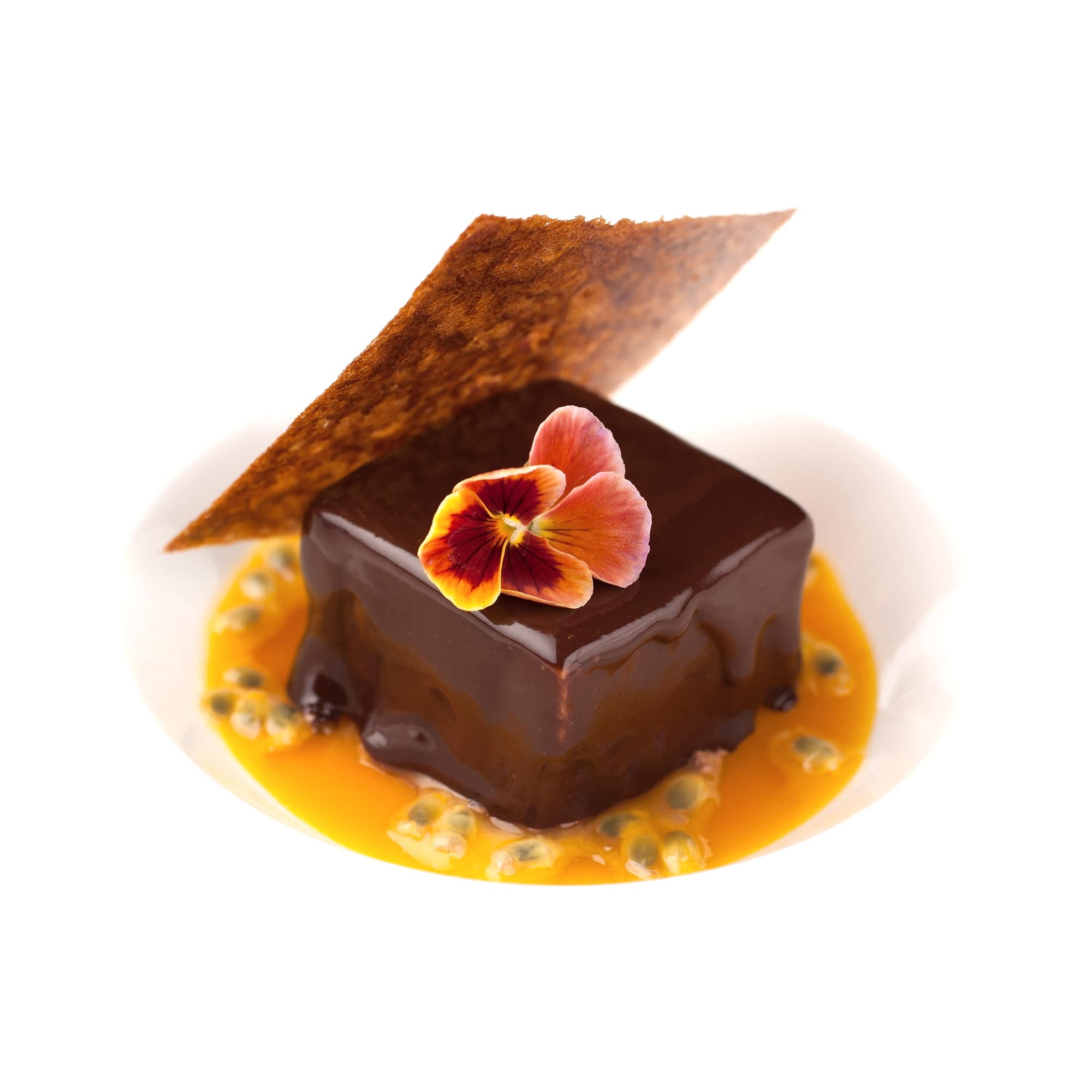 Parfait au chocolat et passion, tuile craquante.